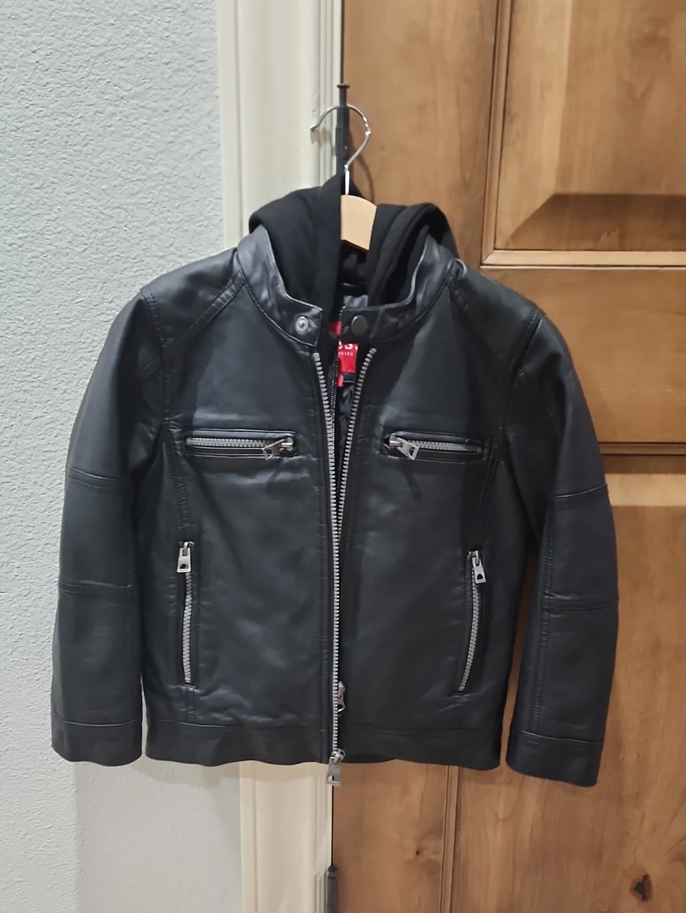Guess Black Faux Leather Hooded Jacket for Kids